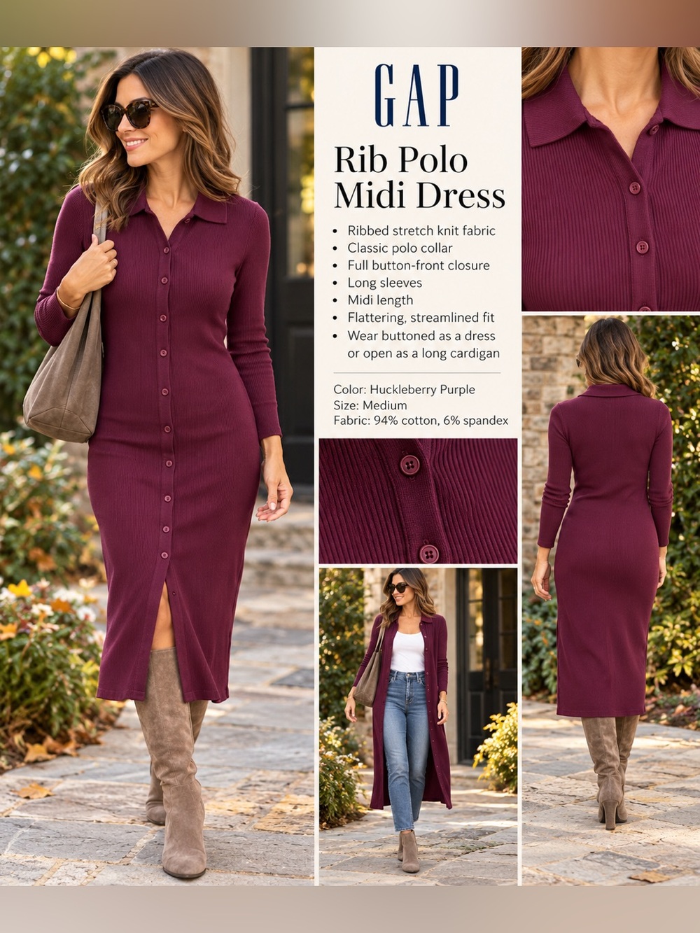 Gap Rib Polo Midi Dress in Purple Size Medium